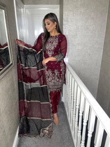 3PC MAROON Embroidered Shalwar Kameez with Net duppatta fully stitched 3 piece suit F-1256