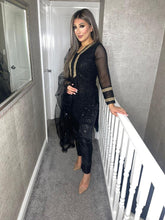 Load image into Gallery viewer, BLACK Embroidered Shalwar Kameez with Net duppatta fully stitched 3 piece suit with Chiffon MOB-1232
