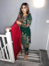 Load image into Gallery viewer, Green Shalwar Kameez with red duppatta fully stitched 3 piece suit with Chiffon Dupatta
