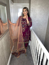 Load image into Gallery viewer, Purple Embroidered Shalwar Kameez with Peach NET duppatta fully stitched 3 piece suit with Chiffon Dupatta MOB-90022
