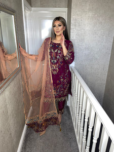 Purple Embroidered Shalwar Kameez with Peach NET duppatta fully stitched 3 piece suit with Chiffon Dupatta MOB-90022