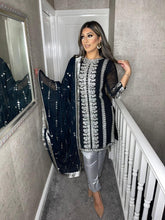 Load image into Gallery viewer, Black and Silver Shalwar Kameez with fully stitched 3 piece suit with Chiffon Dupatta MOB-BLACKSILVER
