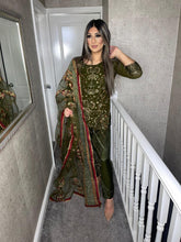 Load image into Gallery viewer, Olive Shalwar Kameez fully stitched 3 piece suit with Chiffon Dupatta MOB-1182B
