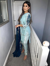 Load image into Gallery viewer, Blue Shalwar Kameez with Teal Chiffon duppatta fully stitched 3 piece suit
